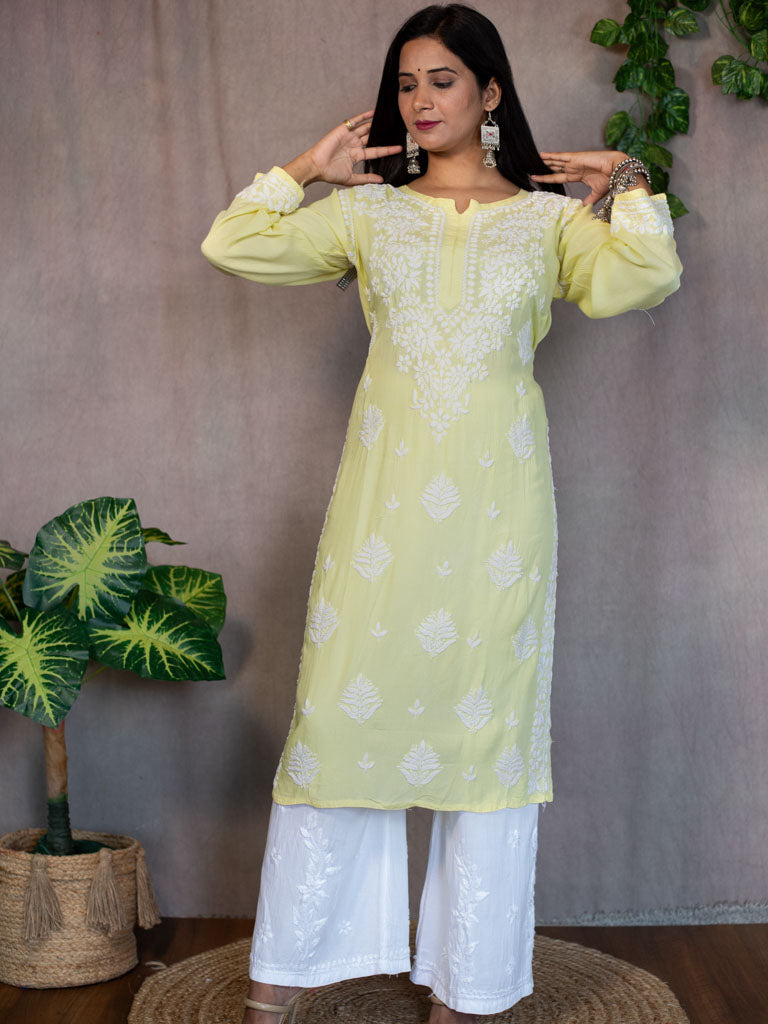 Lemon Yellow Knee Length Kurti with Embroidered Sleeve-23SLK04076-2 –  Lakshita
